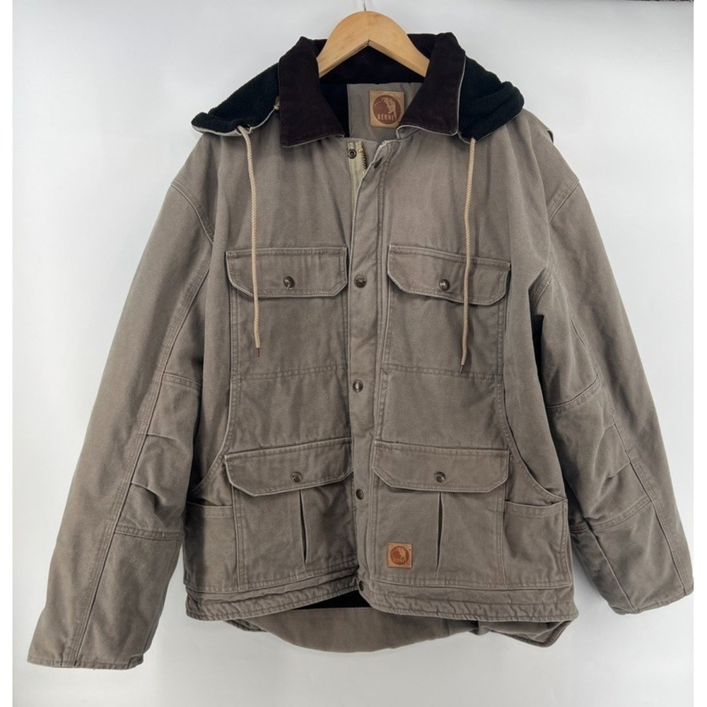 Berne Washed Duck Zip-Off Hooded Work Coat XL Brown Heavy Duty Gray Stone Canvas